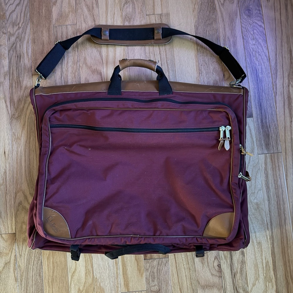 L.L. Bean Garment Bag‎ Burgundy Tan Leather Accents Hanging Travel Bag Vintage